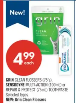 Shoppers Drug Mart GRIN CLEAN FLOSSERS (75's),| SENSODYNE MULTI-ACTION (100ml) or REPAIR & PROTECT (75mL) TOOTHPASTE offer