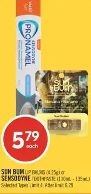 Shoppers Drug Mart SUN BUM LIP BALMS (4.25g) or SENSODYNE TOOTHPASTE (110mL - 135mL) offer