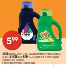 Pharmaprix GAIN Sheets 120, Fabric Softener 1,31 L, CHEER or GAIN 1,36 L Liquid Laundry Detergent offer