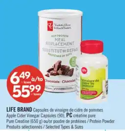 Pharmaprix LIFE BRAND Apple Cider Vinegar Capsules (90), PC Pure Creatine (650 g) or Protein Powder offer