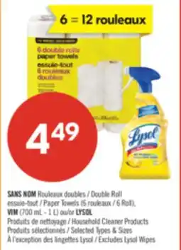 Pharmaprix NO NAME Double Roll Paper Towels (6 rolls), VIM (700 mL - 1 L) or LYSOL Household Cleaner Products offer