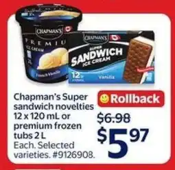 Walmart Chapman's Super Sandwich Novelties or Premium Frozen Tubs offer