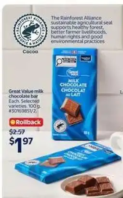 Walmart Great Value Milk Chocolate Bar offer