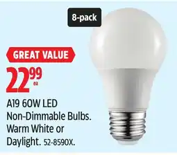 Canadian Tire Certified A19 60W LED Non-Dimmable Bulbs. Warm White or Daylight offer
