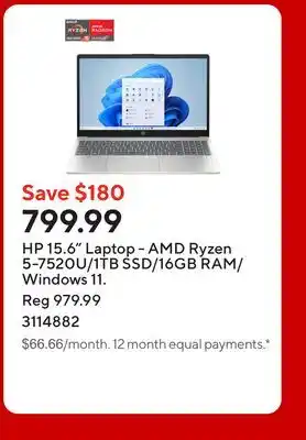 Staples HP 15.6 Laptop - AMD Ryzen 5-7520U/1TB SSD/16GB RAM/Windows 11 offer