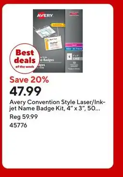 Staples Avery Convention Style Laser/Inkjet Name Badge Kit, 4 x 3, 50 Pack, (05393) offer