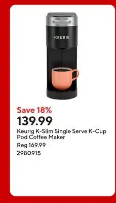 Staples Keurig K-Slim Single Serve K-Cup Pod Coffee Maker offer