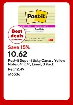 Staples Post-it Super Sticky Canary Yellow Notes, 4 x 4, Lined offer