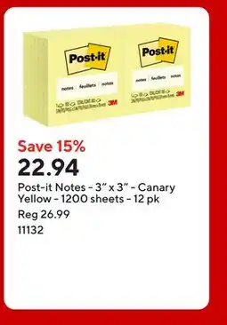Staples Post-it Notes - 3 x 3 - Canary Yellow - 1200 sheets offer