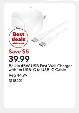 Staples Belkin 45W USB Fast Wall Charger with 1m USB-C to USB-C Cable offer