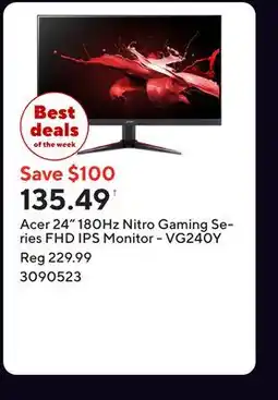Staples Acer 24 180Hz Nitro Gaming Series FHD IPS Monitor - VG240Y offer