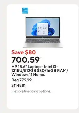 Staples HP 15.6 Laptop - Intel i3-1315U/512GB SSD/16GB RAM/Windows 11 Home offer