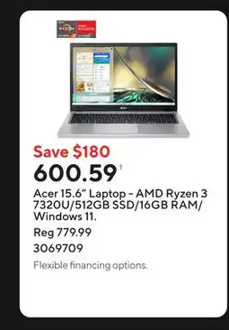 Staples Acer 15.6 Laptop - AMD Ryzen 3 7320U/512GB SSD/16GB RAM/Windows 11 offer