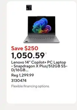 Staples Lenovo 14 Copilot+ PC Laptop - Snapdragon X Plus/512GB SSD/16GB RAM/Windows 11 Home offer