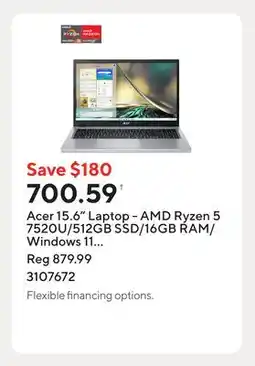 Staples Acer 15.6 Laptop - AMD Ryzen 5 7520U/512GB SSD/16GB RAM/Windows 11 Home offer
