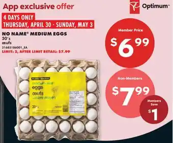 No Frills NO NAME MEDIUM EGGS, 30's offer