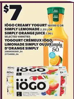 Independent Grocer IÖGO CREAMY YOGURT, 16X100 G OR SIMPLY LEMONADE, 2.25 L OR SIMPLY ORANGE JUICE, 1.36 L offer