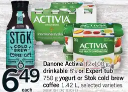Fortinos DANONE ACTIVIA 12X100 G, DRINKABLE 8' S OR EXPERT TUB 750 G, YOGURT OR STOK COLD BREW COFFEE 1.42 L offer