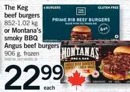 Fortinos THE KEG BEEF BURGERS 852-1.02 KG OR MONTANA'S SMOKY BBQ ANGUS BEEF BURGERS, 906 G 906 G offer