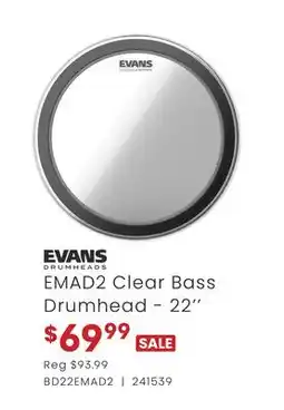 Long & McQuade EVANS EMAD2 CLEAR BASS DRUMHEAD-22 offer