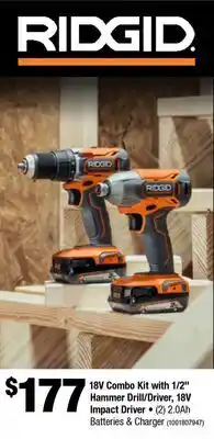 Home Depot 18V Combo kit with 1/2 hammer drill/driver 18V impact driver (2) 2.0Ah batteries and charger offer