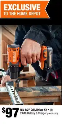 Home Depot 18V 1/2 Drill/Driver kit (1) 2.0Ah battery and charger offer