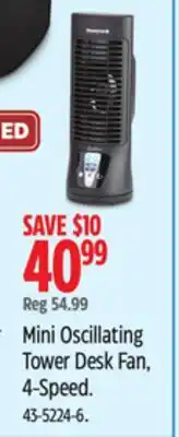Canadian Tire Honeywell Mini Oscillating Tower Desk Fan, 4-Speed offer