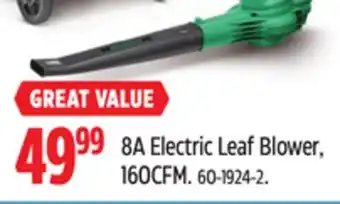 Canadian Tire Certified 8A Electric Leaf Blower, 160CFM offer