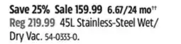Canadian Tire 45L Stainless-Steel Wet/ Dry Vac offer