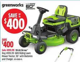 Canadian Tire Green Works 60V Riding Lawn Mower Tractor offer