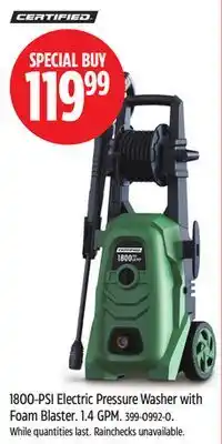 Canadian Tire Certified 1800-PSI Electric Pressure Washer with Foam Blaster offer