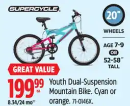Canadian Tire Supercycle Youth Dual-Suspension Mountain Bike. Cyan or orange offer