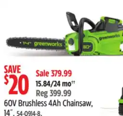 Canadian Tire Greenworks 60V Brushless 4Ah Chainsaw, 14˝ offer