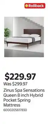 Walmart Zinus Spa Sensations Queen 8 inch Hybrid Pocket Spring Mattress offer