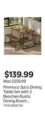 Walmart Pinmoco 3pcs Dining Table Set with 2 Benches Rustic Dining Room Table Set offer
