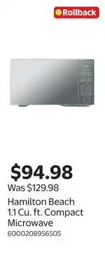 Walmart Hamilton Beach 1.1 Cu. ft. Compact Microwave offer
