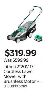 Walmart Litheli 2*20V 17 Cordless Lawn Mower with Brushless Motor + 2*4.0Ah Battery & Charger offer