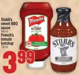 Marché Adonis STUBB'S SWEET BBQ SAUCE 450ML OR FRENCH'S TOMATO KETCHUP 750ML offer