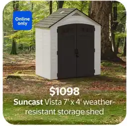 Walmart Suncast Vista 7' x 4' weather- resistant storage shed offer