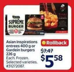 Walmart Asian Inspirations entrees 400 g or Gardein burgers 226 g offer