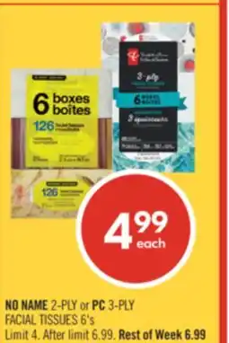 Shoppers Drug Mart NO NAME 2-PLY or PC 3-PLY FACIAL TISSUES 6's offer