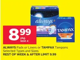 Rexall ALWAYS Pads or Liners or TAMPAX Tampons offer