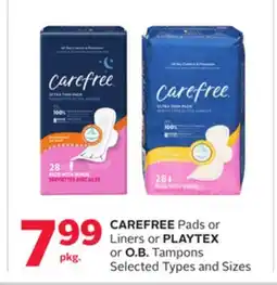 Rexall CAREFREE Pads or Liners or PLAYTEX or O. B. Tampons offer