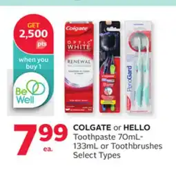 Rexall COLGATE or HELLO Toothpaste 70mL-133mL or Toothbrushes offer