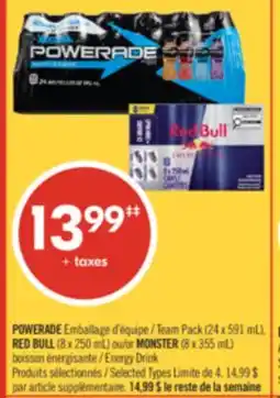 Pharmaprix Powerade Team Pack, 24 x 591 mL, Red Bull, 8 x 250 mL or Monster Energy Drink, 8 x 355 mL offer
