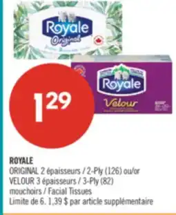 Pharmaprix ROYALE ORIGINAL 2-Ply (126) or VELOUR 3-Ply (82) Facial Tissues offer