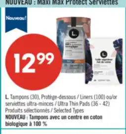 Pharmaprix L. Tampons (30), Liners (100) or Ultra Thin Pads (36 - 42) offer