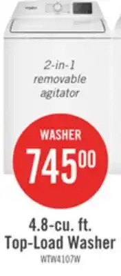 The Brick Whirlpool 4.8 Cu. Ft. Top Load Washer with 2-in-1 Removable Agitator - WTW4107SW offer