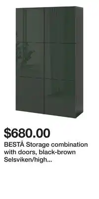 IKEA BESTÅ Storage combination with doors, black-brown Selsviken/high gloss dark olive-green offer