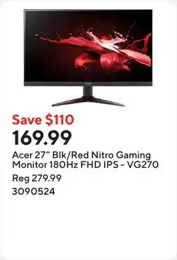 Staples Acer 27 Blk/Red Nitro Gaming Monitor 180Hz FHD IPS - VG270 offer